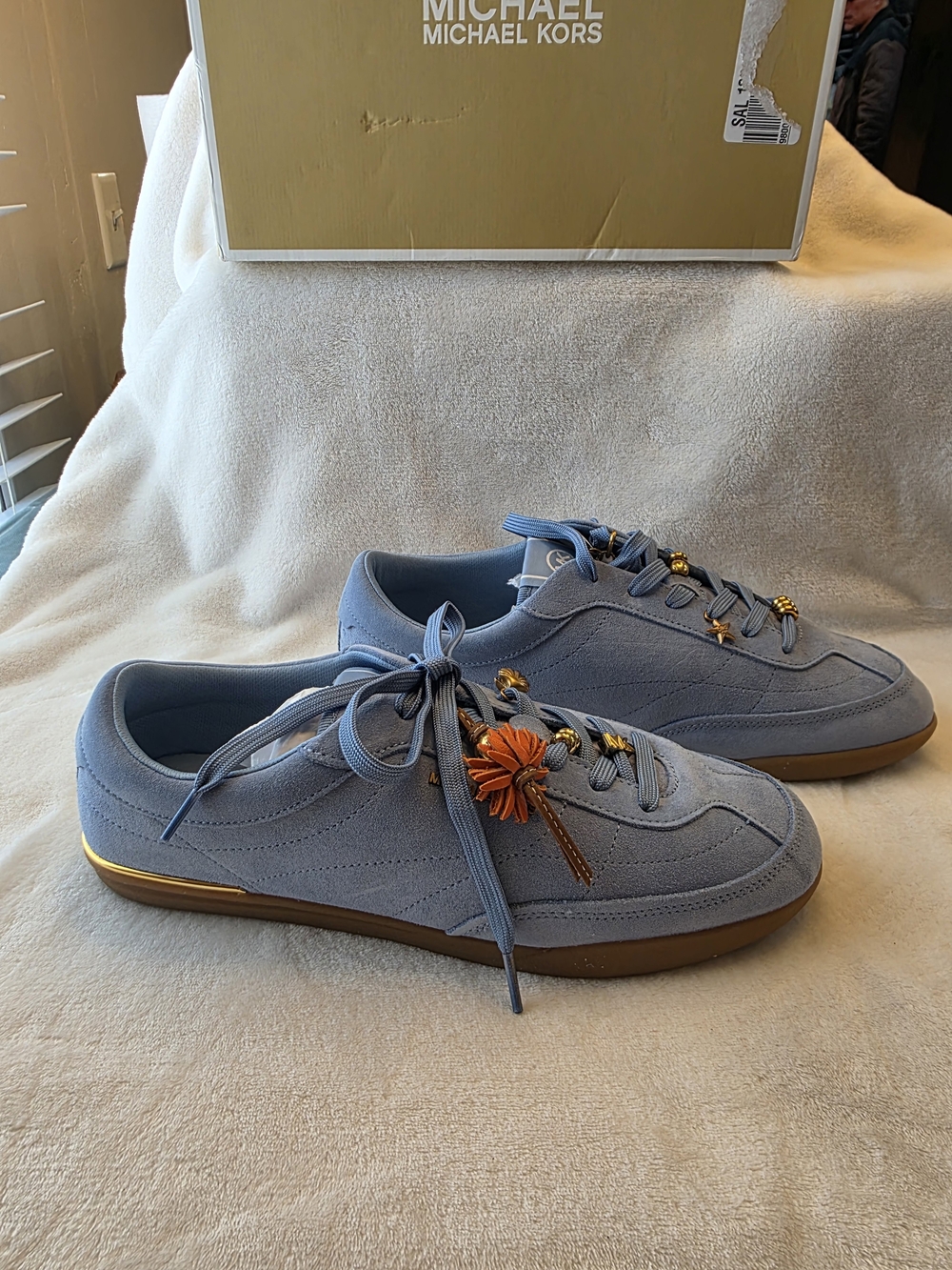 Michael Kors Womens Light Blue Suede Sneakers with Gold Accents